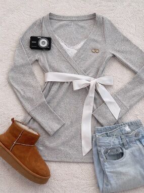 Y2K Style Hollister Babydoll Wrap Top with Satin Bow